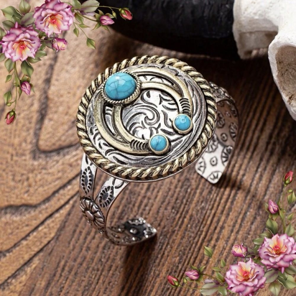 Retro Vintage Western Cowgirl Style Fake Turquoise Stone Cuff Bangle Bracelet